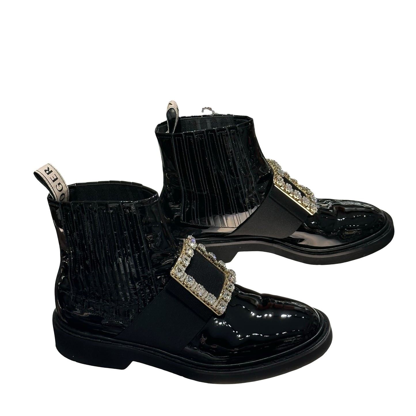 Used ROGER VIVIER Patent Leather Viv' Rangers Chelsea Boots Shoes Black GHW