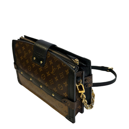 Used LOUIS VUITTON Monogram Canvas Leather Petite Malle Crossbody Bag Brown Black Gold