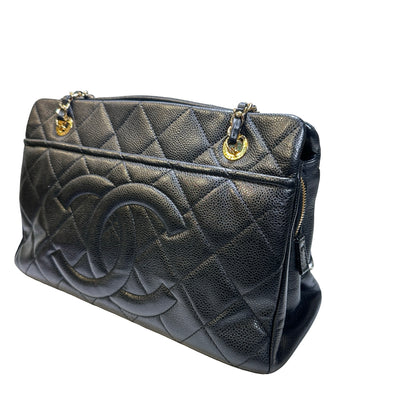 Used CHANEL Calfskin Leather Tote Bag Black GHW