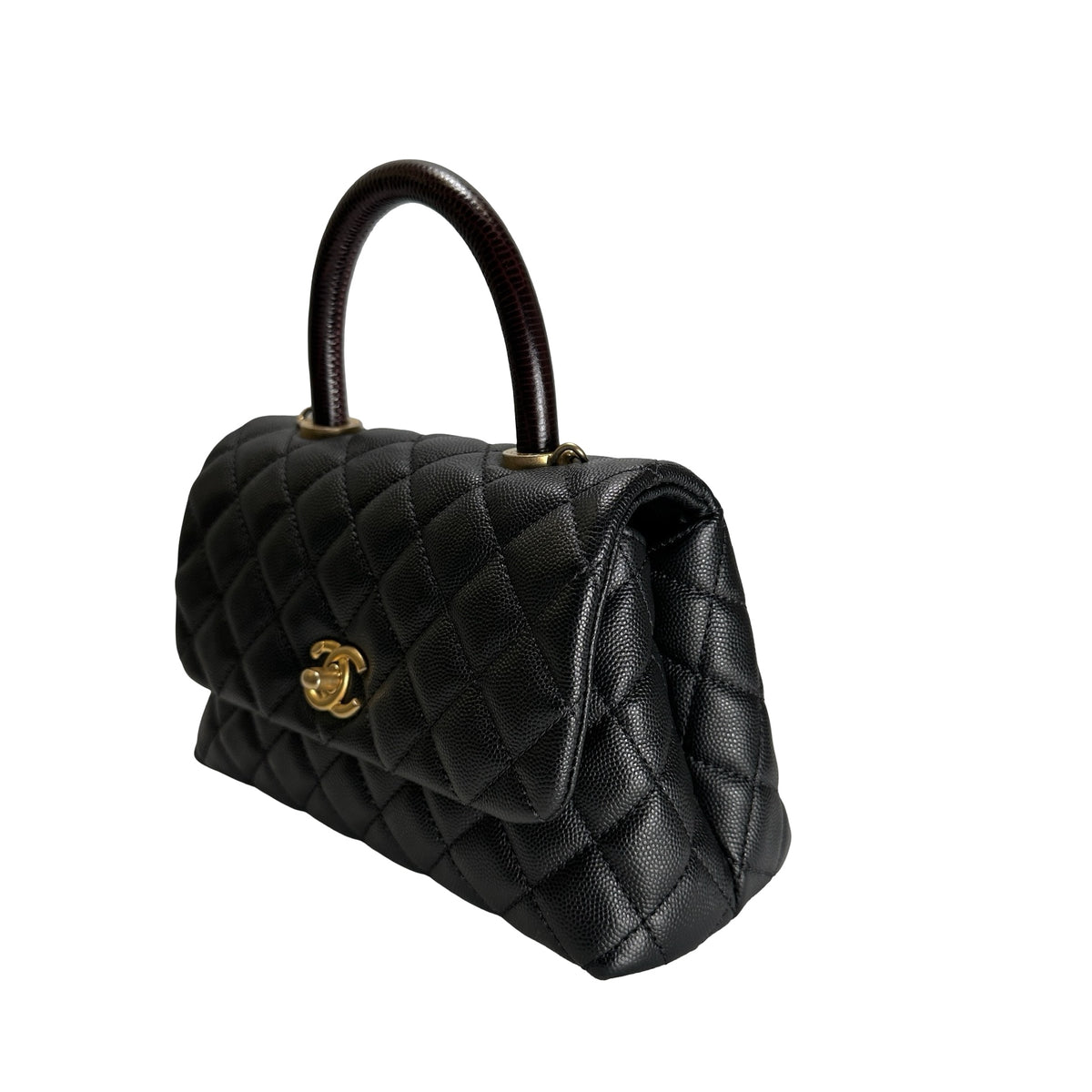 Used CHANEL Quilted Caviar Leather Coco Handle Handbag Black Gold