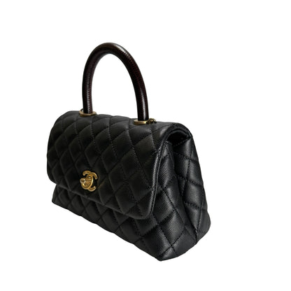 Used CHANEL Quilted Caviar Leather Coco Handle Handbag Black Gold