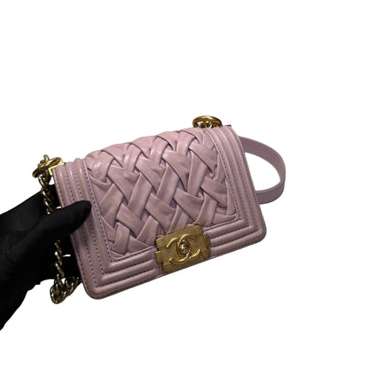 Used CHANEL Braided Lambskin Boy Chain Shoulder Bag Lilac Gold