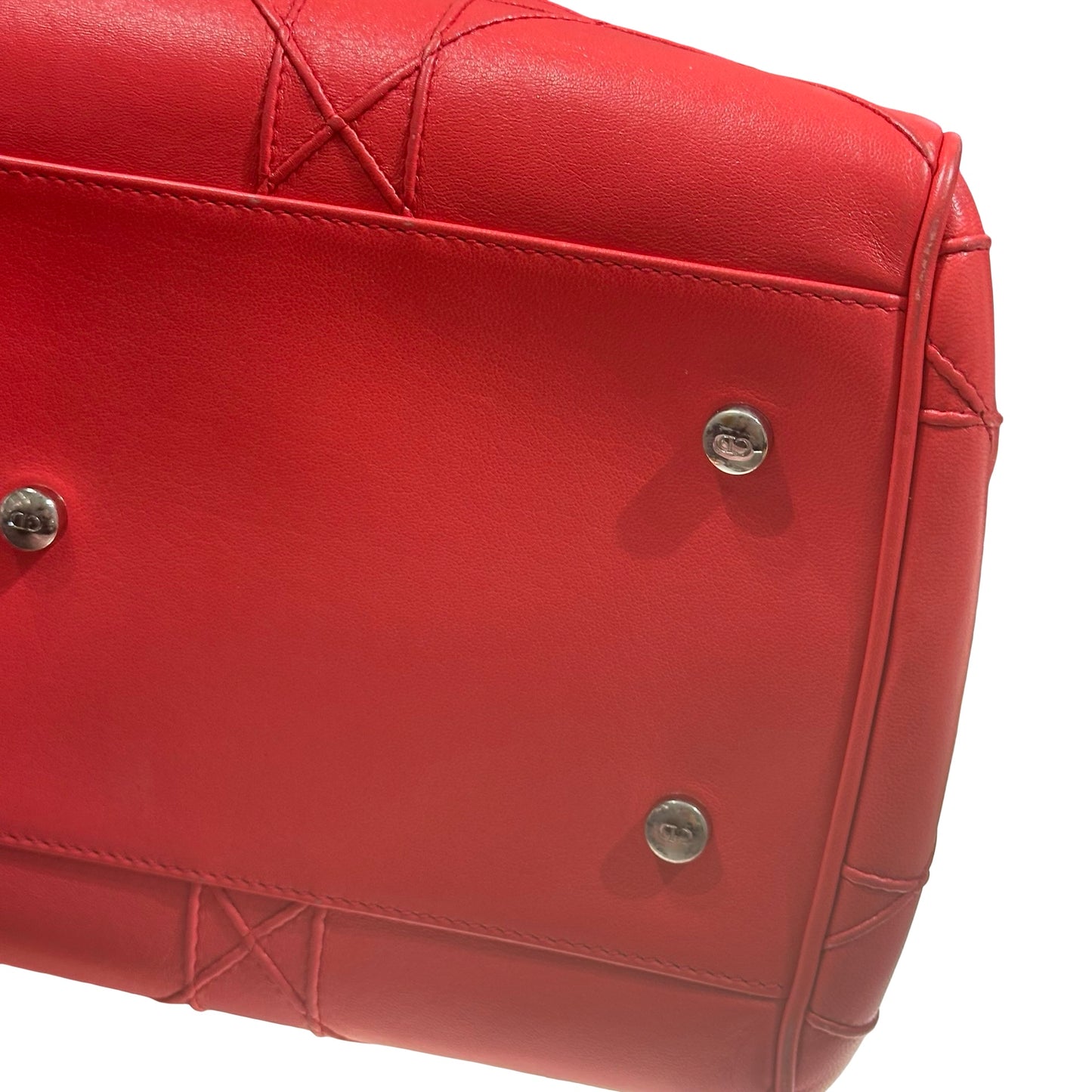 Used DIOR Lambskin Leather Cannage Granville Boston Two Way Shoulder Bag Red GHW