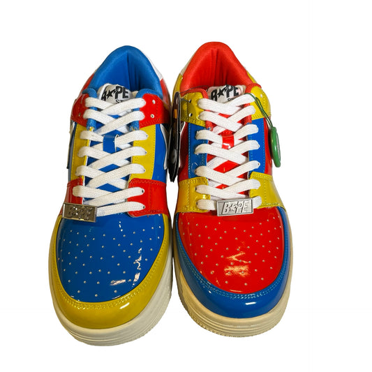Brand New BAPE Patent Leather Colorblock BAPE STA Medicom Toy Sneakers Red Blue Yellow White