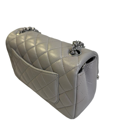 Used CHANEL Quilted Lambskin Mini Rectangular Flap Bag Shoulder Bag Grey Silver Hardware