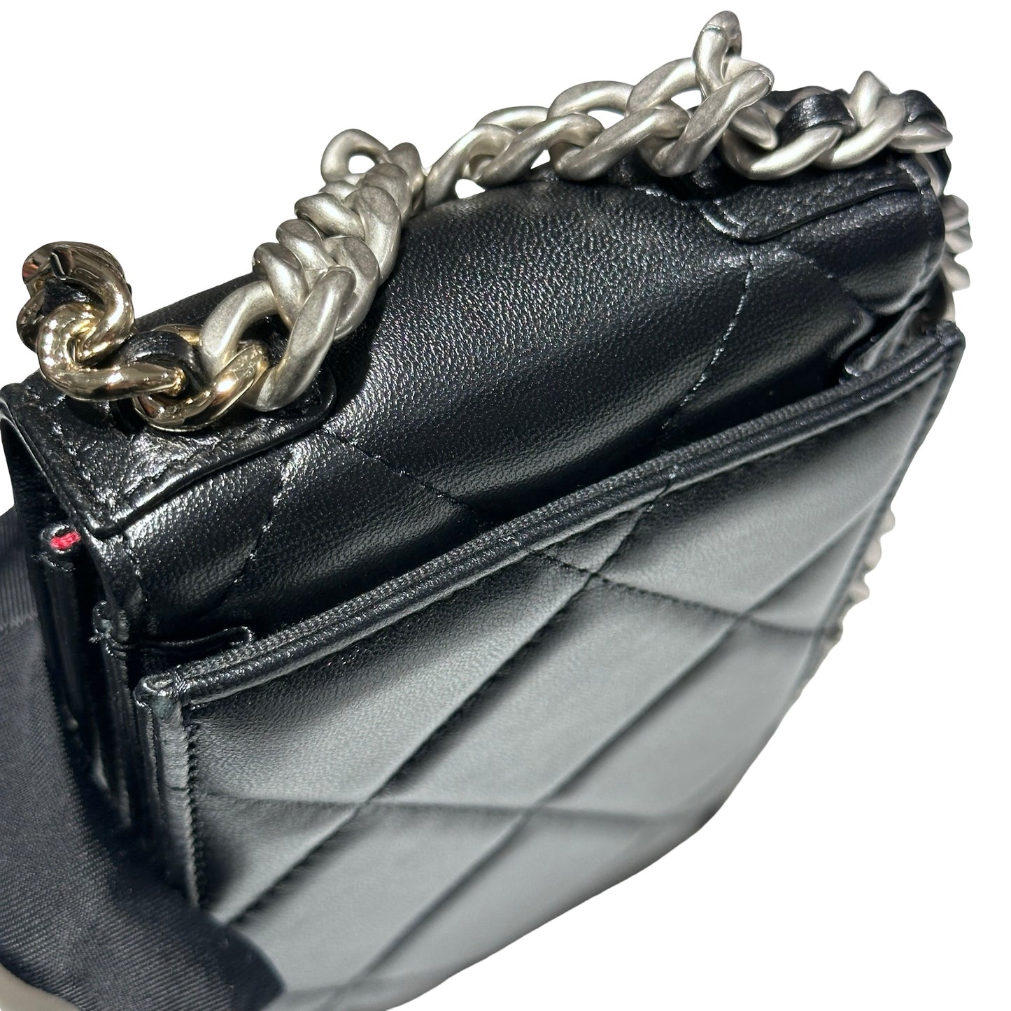 Used CHANEL Lambskin Leather 19 Phone Holder with Chain Phone Bag Black PHW