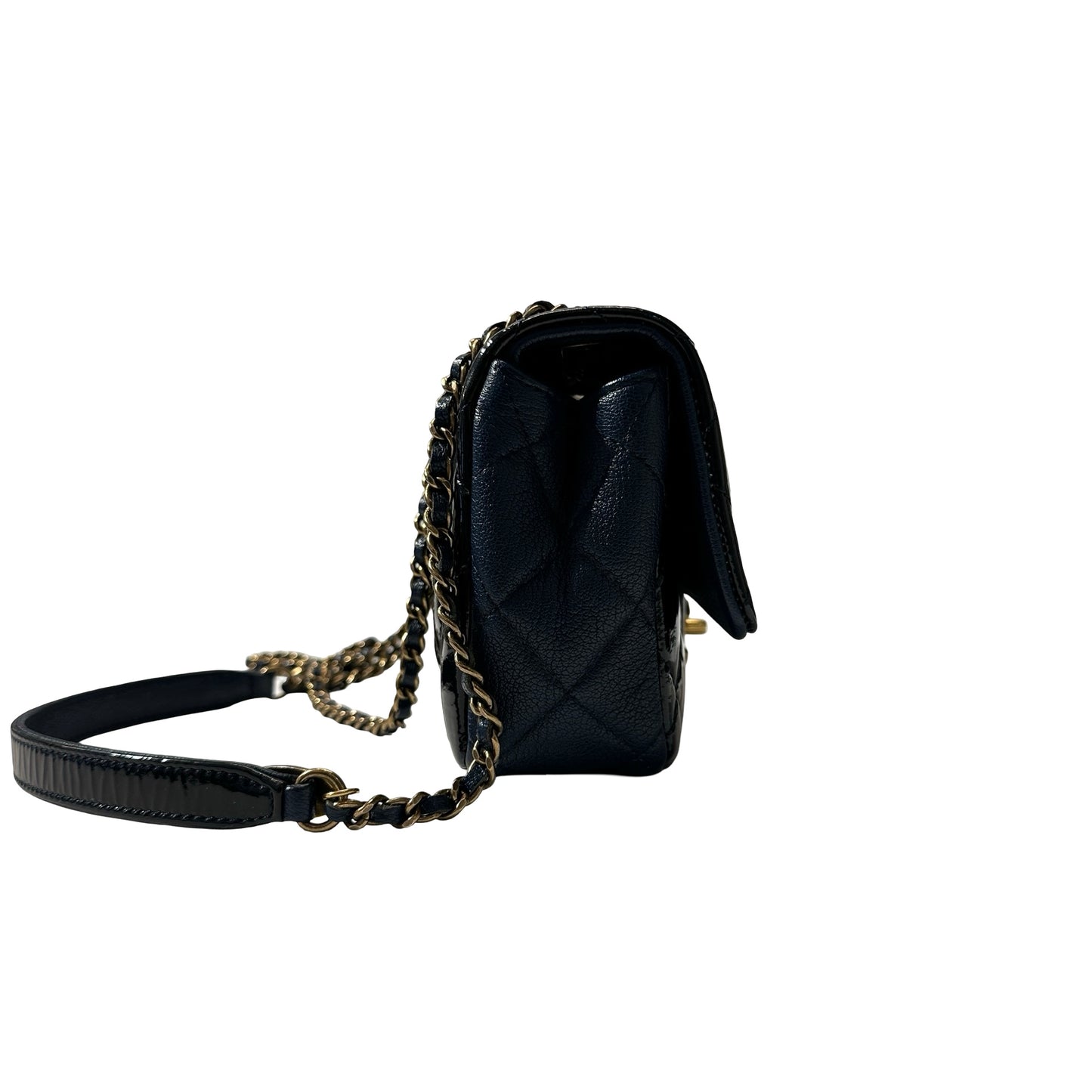 Used CHANEL Patent Leather MINI FLAP 20 CM Chain Shoulder Bag Navy Blue GHW