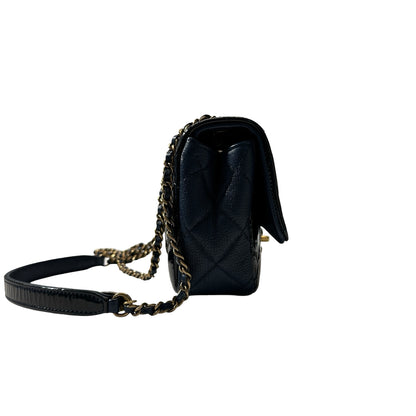 Used CHANEL Patent Leather MINI FLAP 20 CM Chain Shoulder Bag Navy Blue GHW
