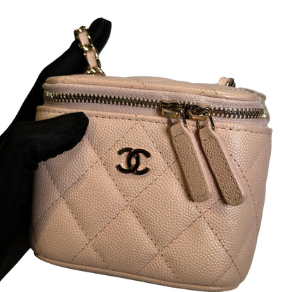 Used CHANEL Caviar Quilted Mini Vanity with Classic Chain Vanity case Beige Light Pink