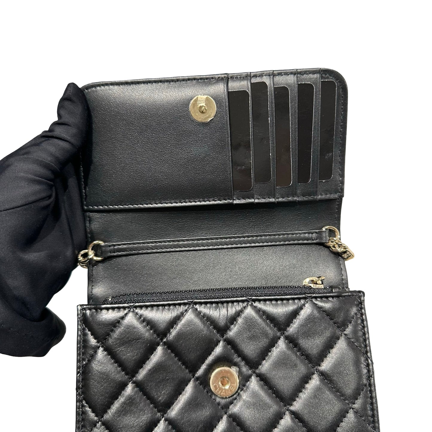 Used CHANEL WOC with PEARL Cross Body Bag Black GHW