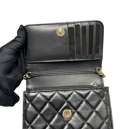 Used CHANEL WOC with PEARL Cross Body Bag Black GHW