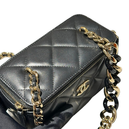 Used CHANEL Lambskin Leather Vanity Case Cross Body Bag Black GHW