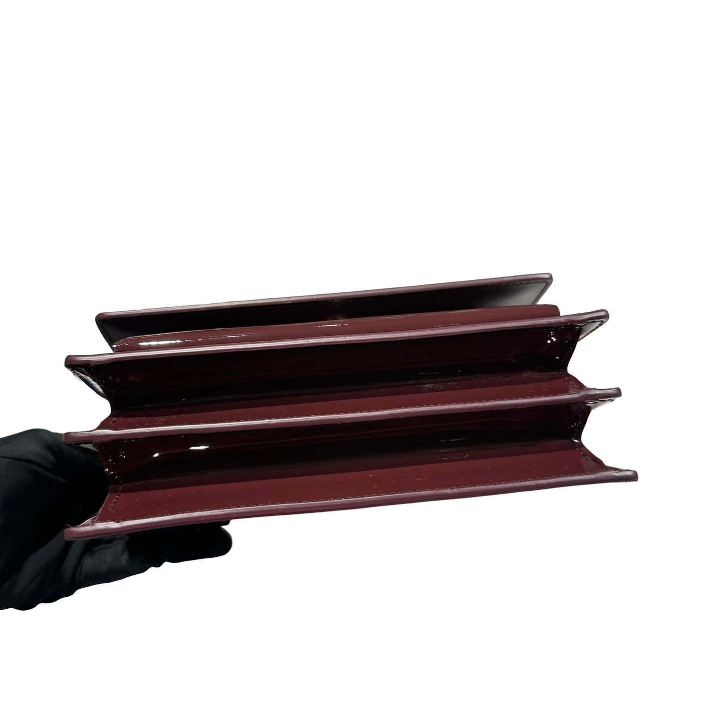New SAINT LAURENT Patent Leather Small Sunset Chain Shoulder Bag Burgundy