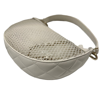 Used CHANEL Mesh Leather 25S Half Moon Clutch Hobo Bag White GHW