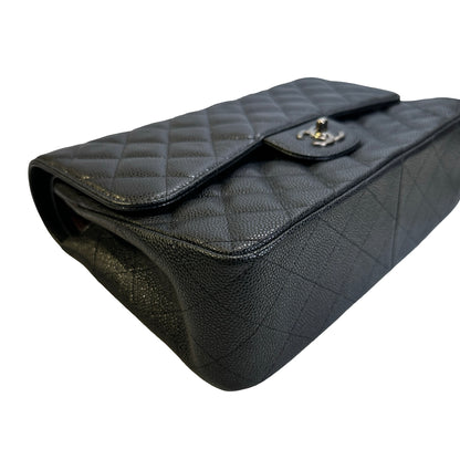 Used CHANEL Quilted Caviar leather Jumbo Single Flap Bag Shoulder Bag Black Silver hardware