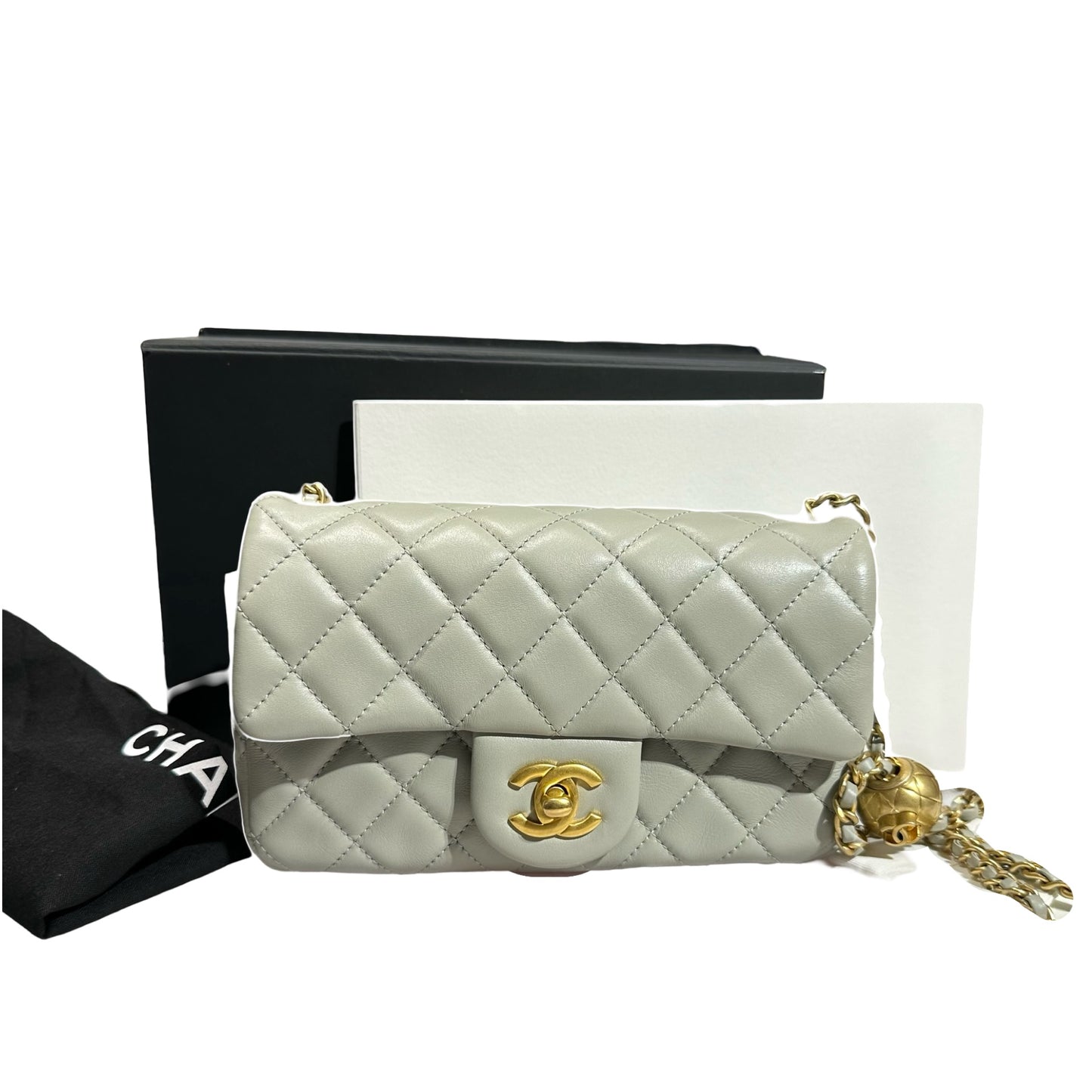 Used CHANEL Lambskin Leather Classic Flap with Gold Ball Chain Shoulder Bag Grey GHW