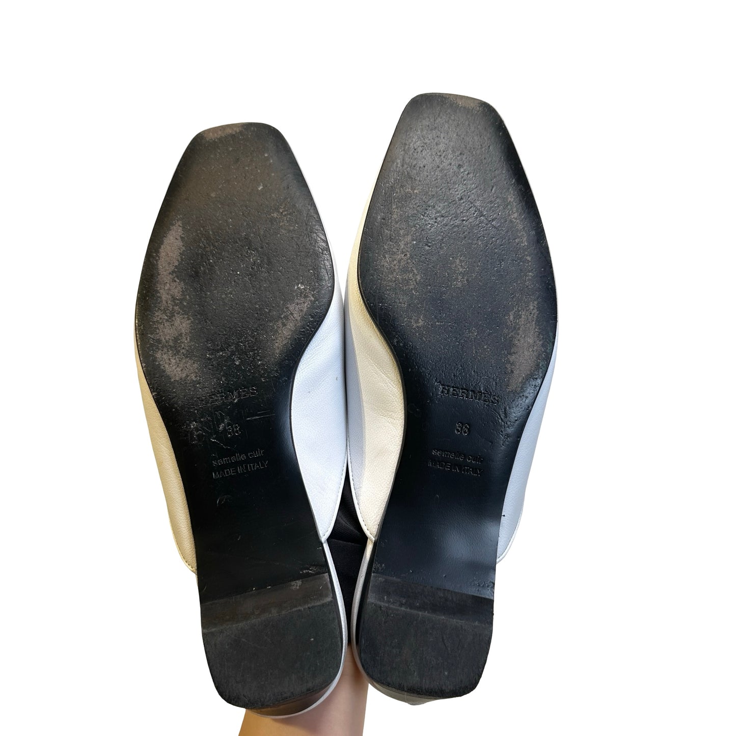 Used HERMES Leather Mules Shoes White Gold