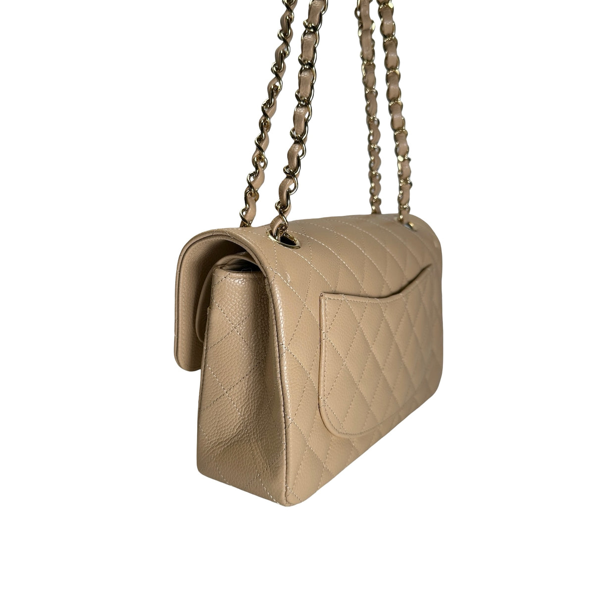 Brand New CHANEL Quilted Caviar Classic Flap Chain Shoulder Bag Beige Gold
