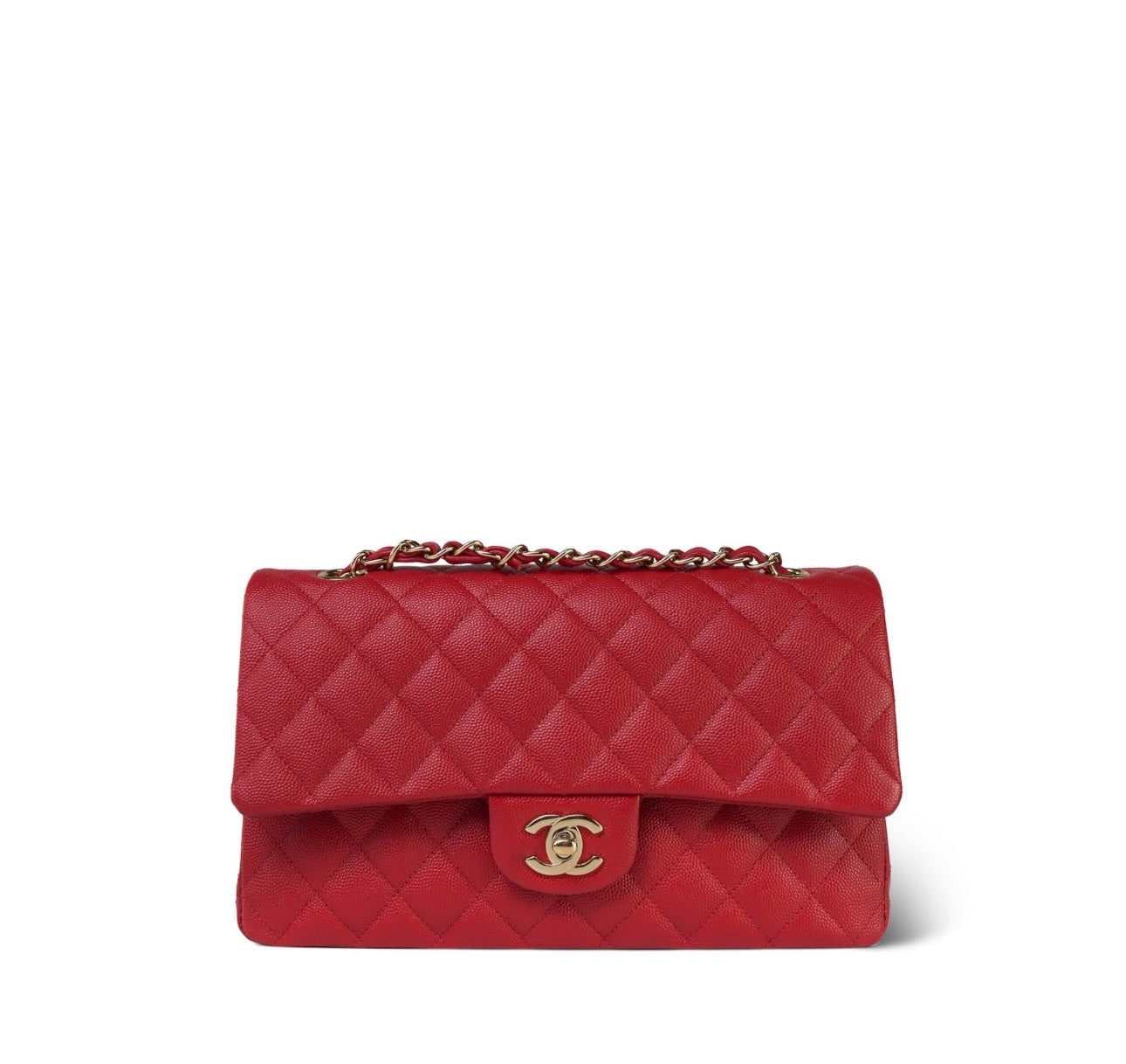 Used CHANEL Quilted Caviar Classic Flap 25 Shoulder Bag Red Gold