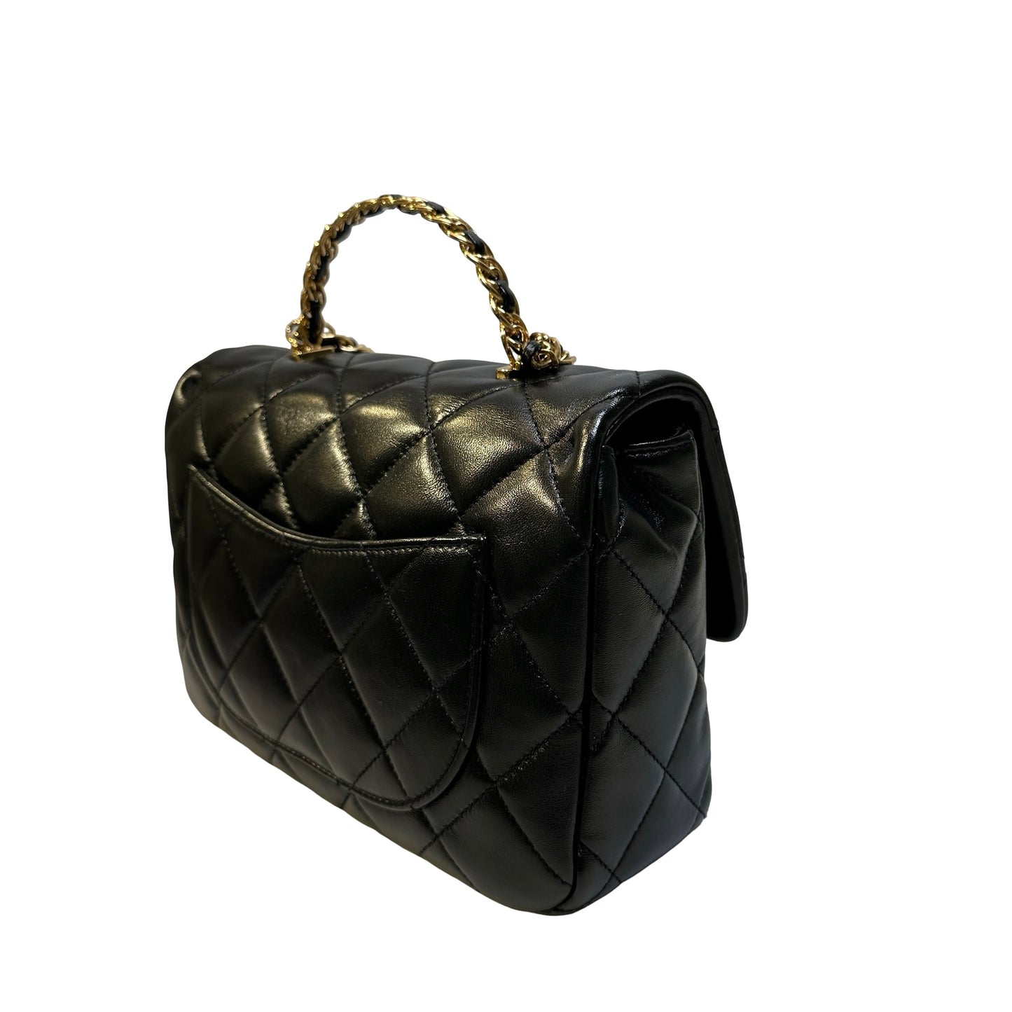 Used CHANEL Quilted Lambskin Top Handle Flap Bag Handbag Black