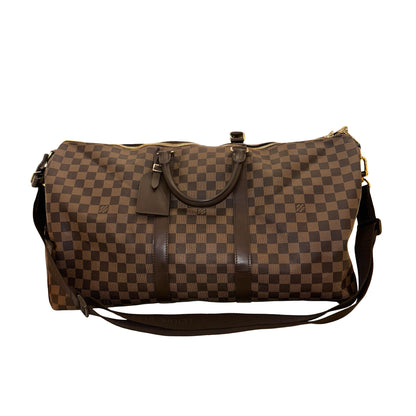 Used LOUIS VUITTON Damier Ebene Canvas KEEPALL Duffel Bag Brown GHW