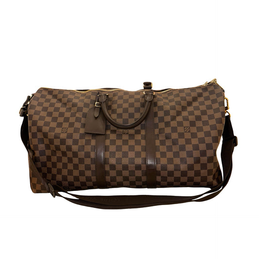 Used LOUIS VUITTON Damier Ebene Canvas KEEPALL Duffel Bag Brown GHW