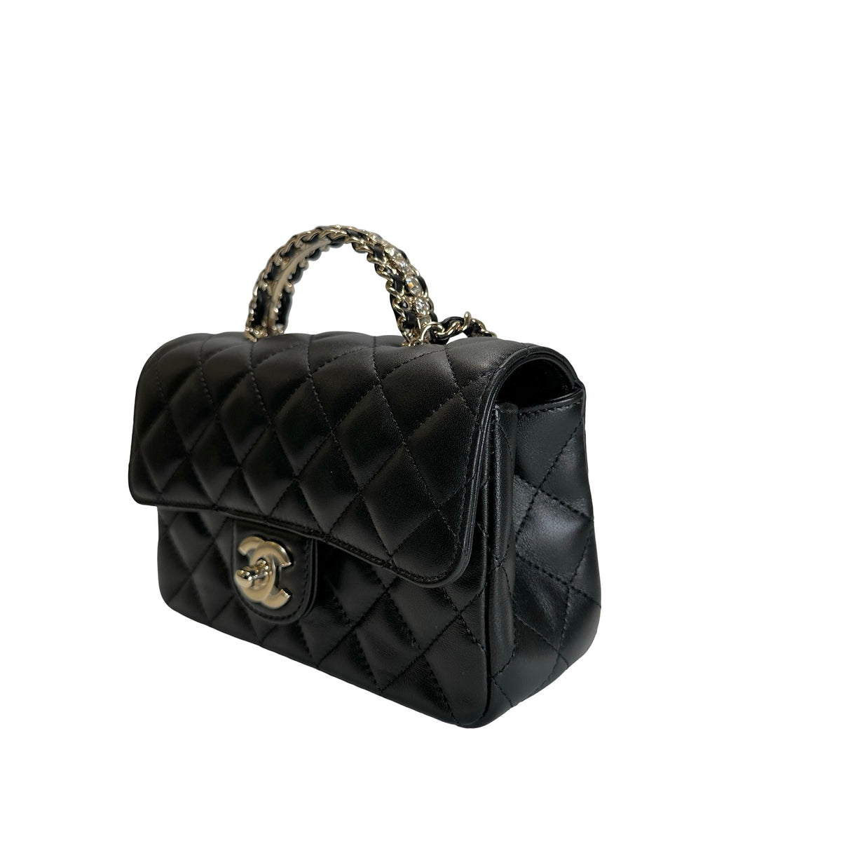 Used CHANEL Quilted Leather Mini Flap Bag with Top Handle Handbag Black