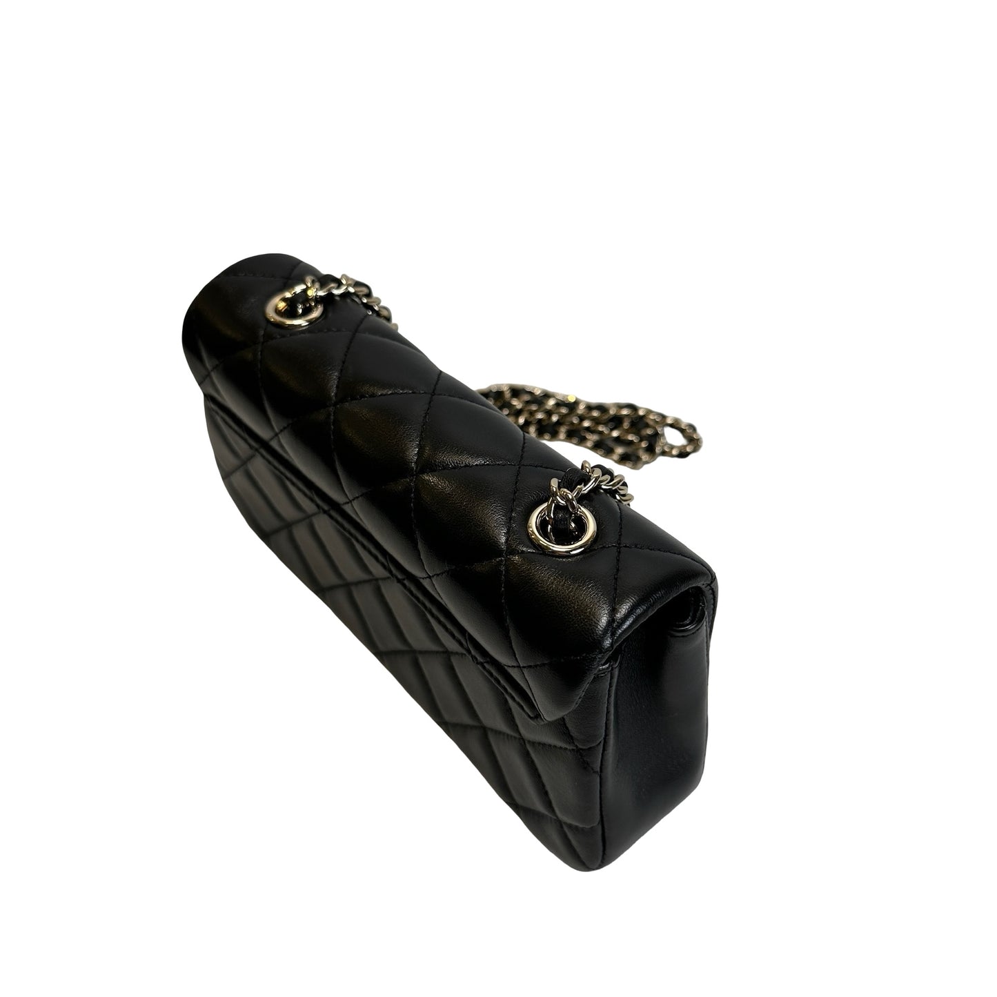 Used CHANEL Quilted Lambskin Mini Rectangular Flap Bag Chain Shoulder Bag Black Gold