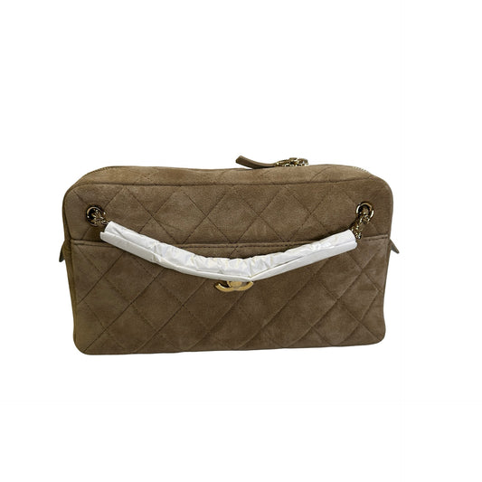 Brand New CHANEL Quilted Suede Camera Case Camera Bag Khaki Gold