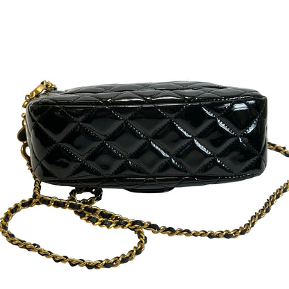 Used CHANEL Quilted Patent Leather Flap Bag Chain Shoulder Bag Black Gold