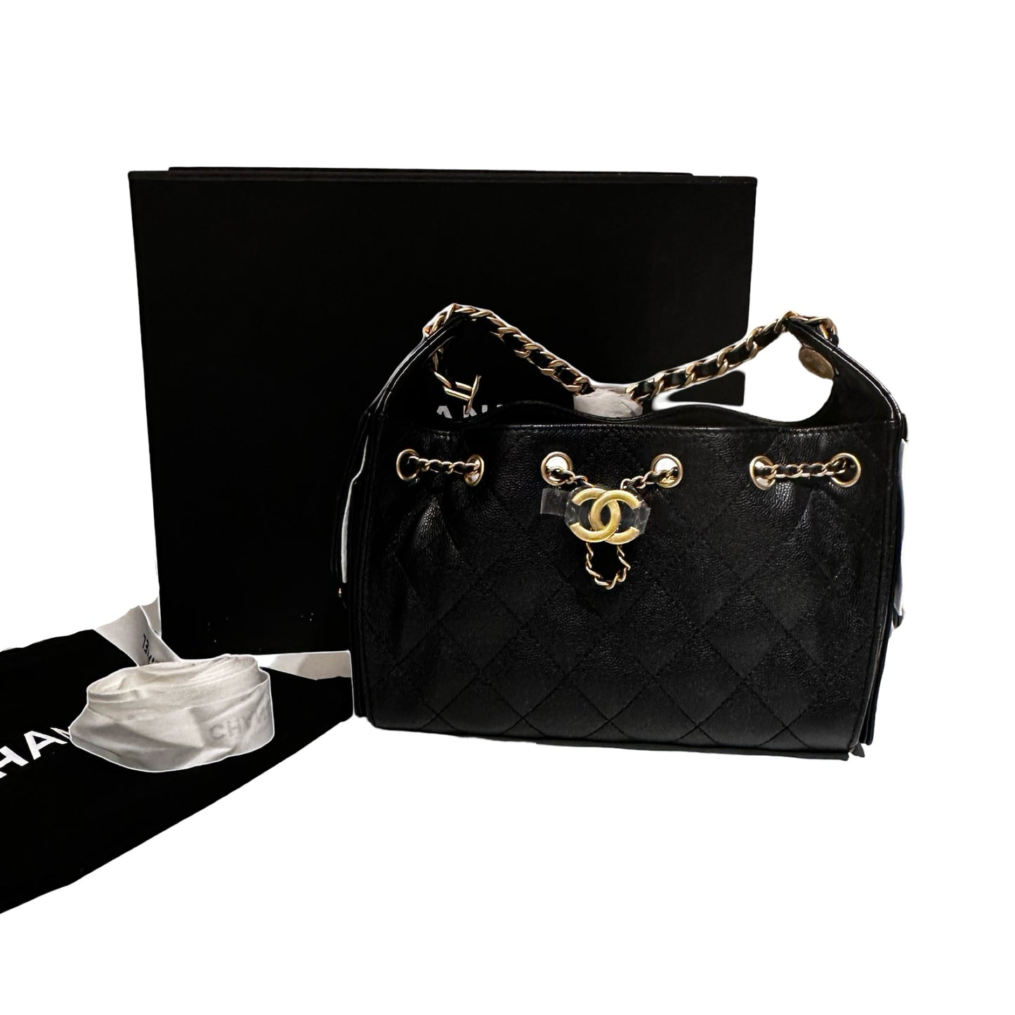 New CHANEL Caviar Leather 25 Mini Hobo Shoulder Bag Black GHW