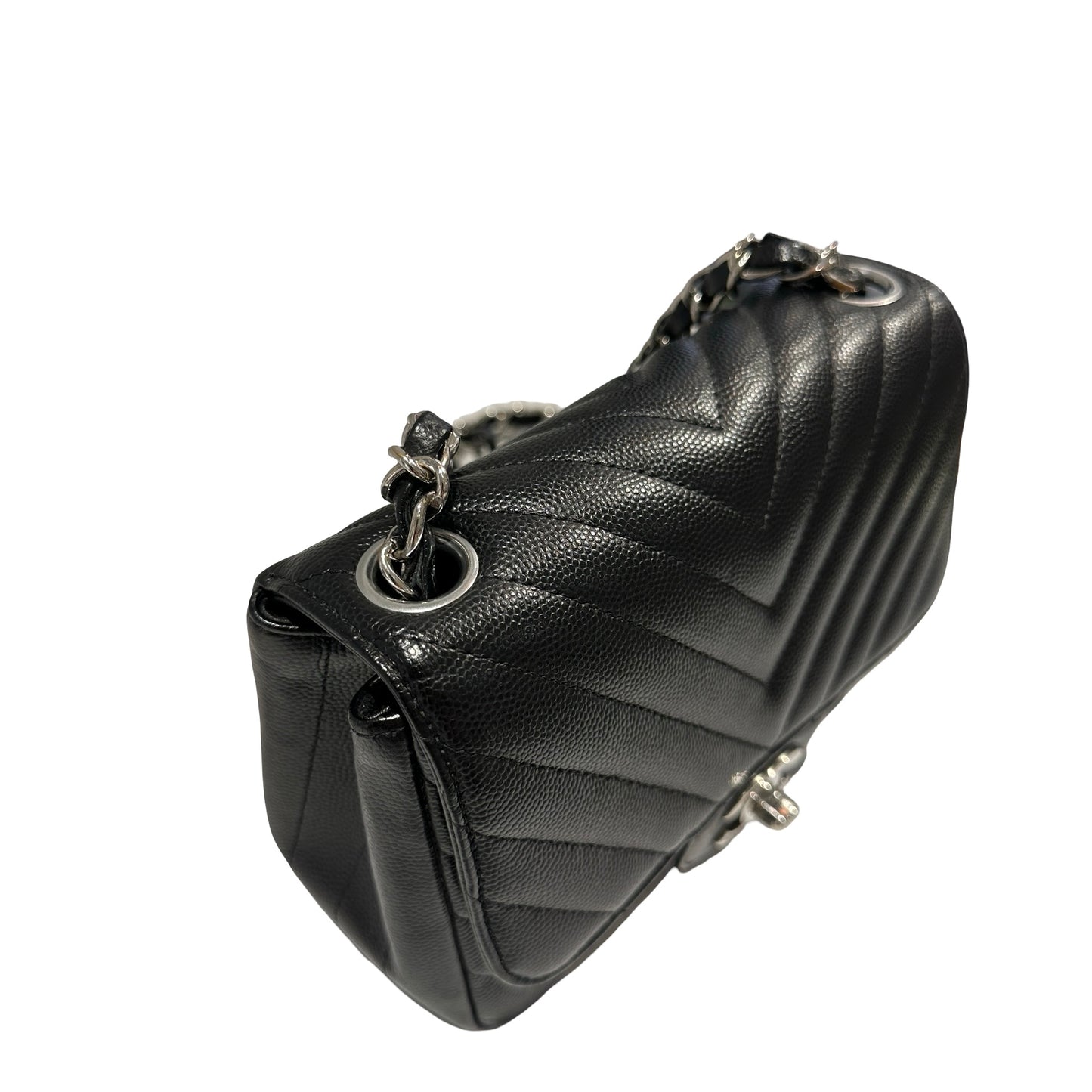 Used CHANEL Caviar Leather Mini Rectangular Flap Chain Shoulder Bag Black PHW