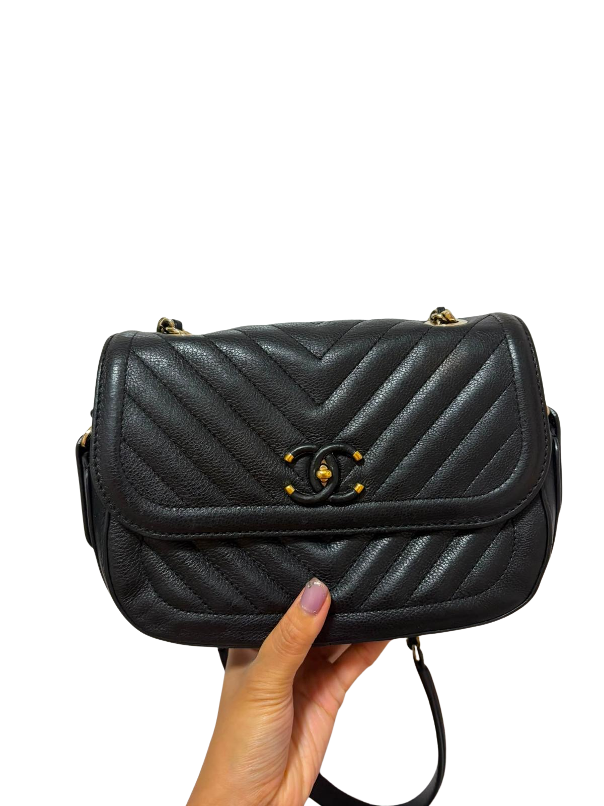 Used CHANEL Chevron Leather Chevron Flap Bag Shoulder Bag Black Gold