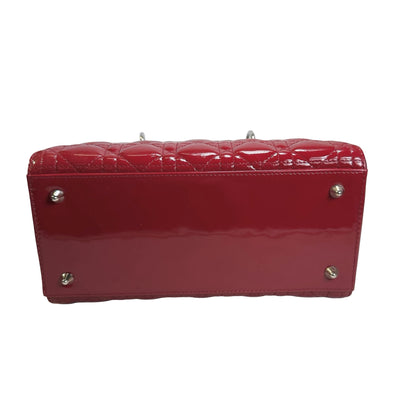Used DIOR Cannage Patent Leather Lady Dior Handbag Red