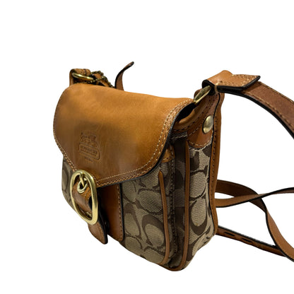 Used COACH Signature Canvas Leather Signature Canvas Flap Bag Crossbody Bag Brown Beige