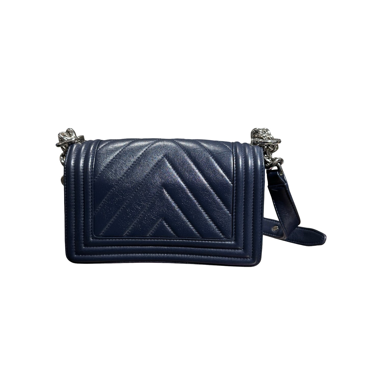 Used CHANEL Boy 20 V line Shoulder Bag Navy Blue PHW