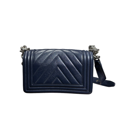 Used CHANEL Boy 20 V line Shoulder Bag Navy Blue PHW