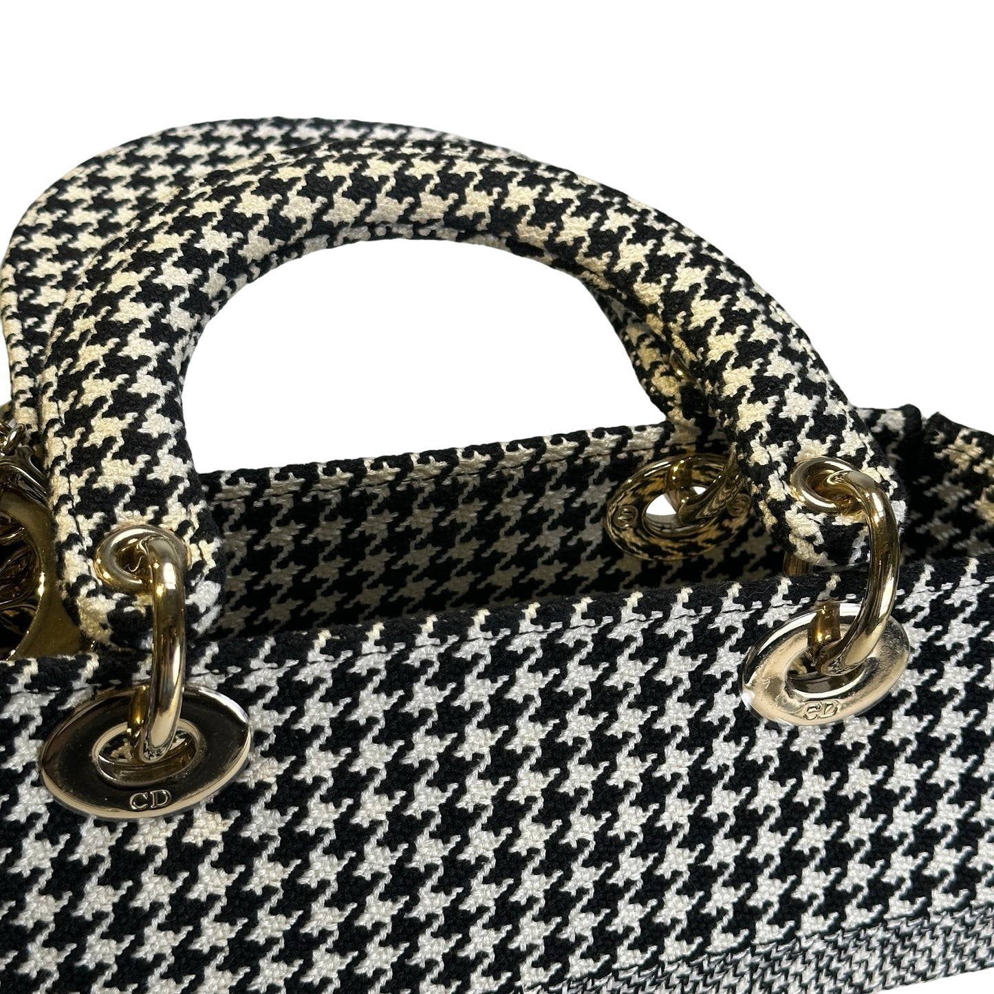 Used DIOR Houndstooth Embroidery Lady D-Lite Handbag Black White