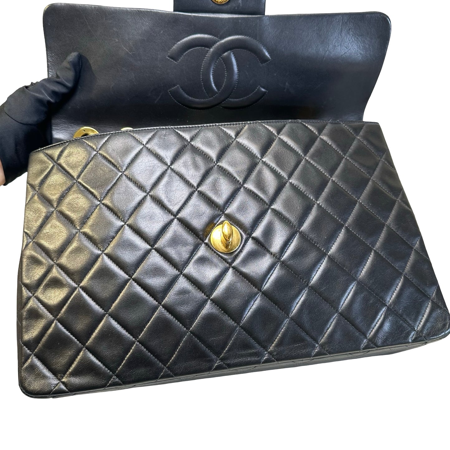 Used CHANEL Quilted Lambskin Classic Flap Chain Shoulder Bag Black Gold