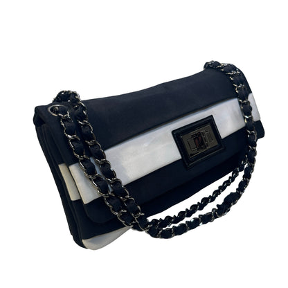 Used CHANEL Stripes Grosgrain Ribbon 2.55 Reissue Shoulder Bag Black White Silver