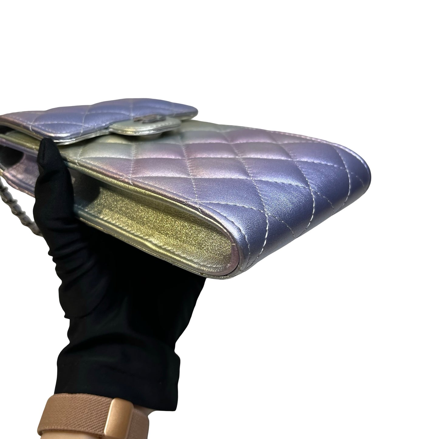 Used CHANEL Quilted Metallic Quilted Phone Bag Phone Bag Ombre Silver Gold Purple