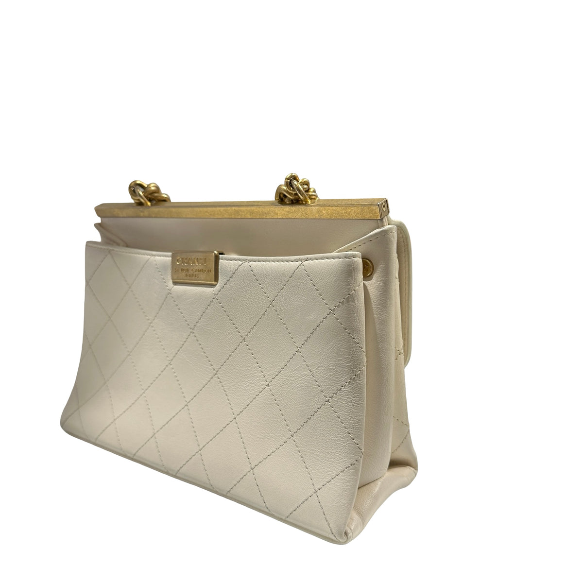 Used CHANEL Quilted Smooth Leather Small Coco Luxe Flap Bag Handbag White Gold