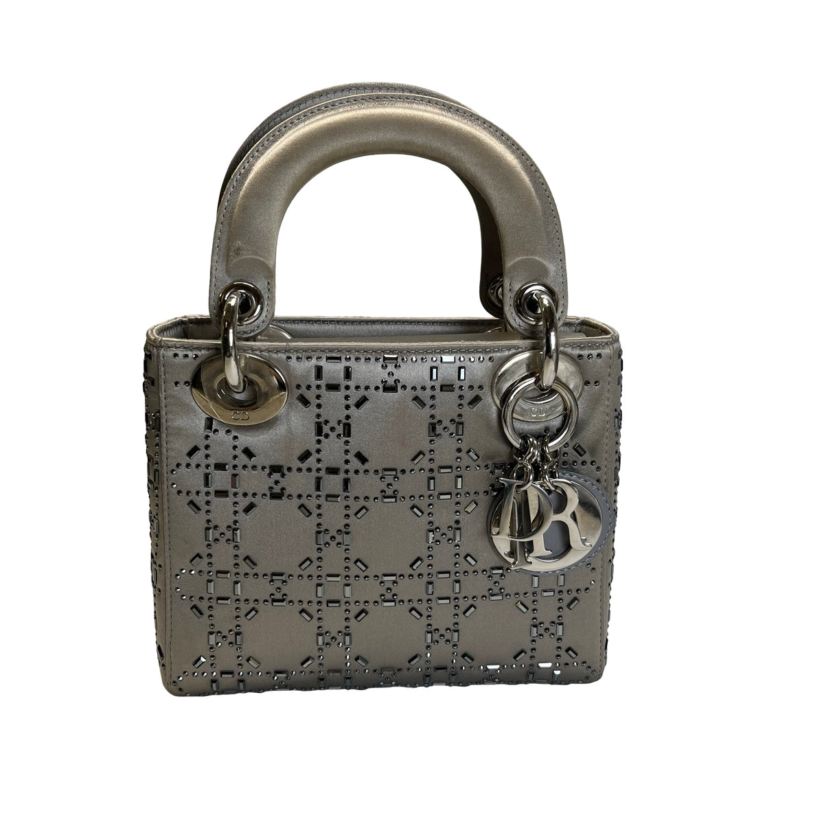 DIOR Cannage Studded Lady Dior Handbag Grey Silver