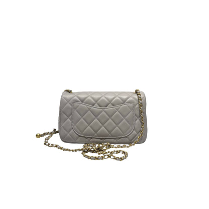 Unused CHANEL Lambskin Leather Mini Flap with Gold Ball Cross Body Bag Grey GHW