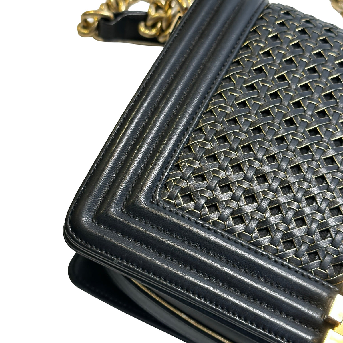 Used CHANEL Woven Leather Boy Chain Shoulder Bag Black Gold