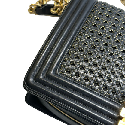 Used CHANEL Woven Leather Boy Chain Shoulder Bag Black Gold