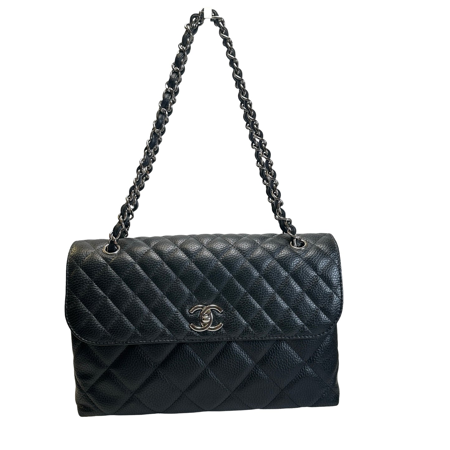 Used CHANEL Quilted Caviar Classic Flap Chain Shoulder Bag Black Silver