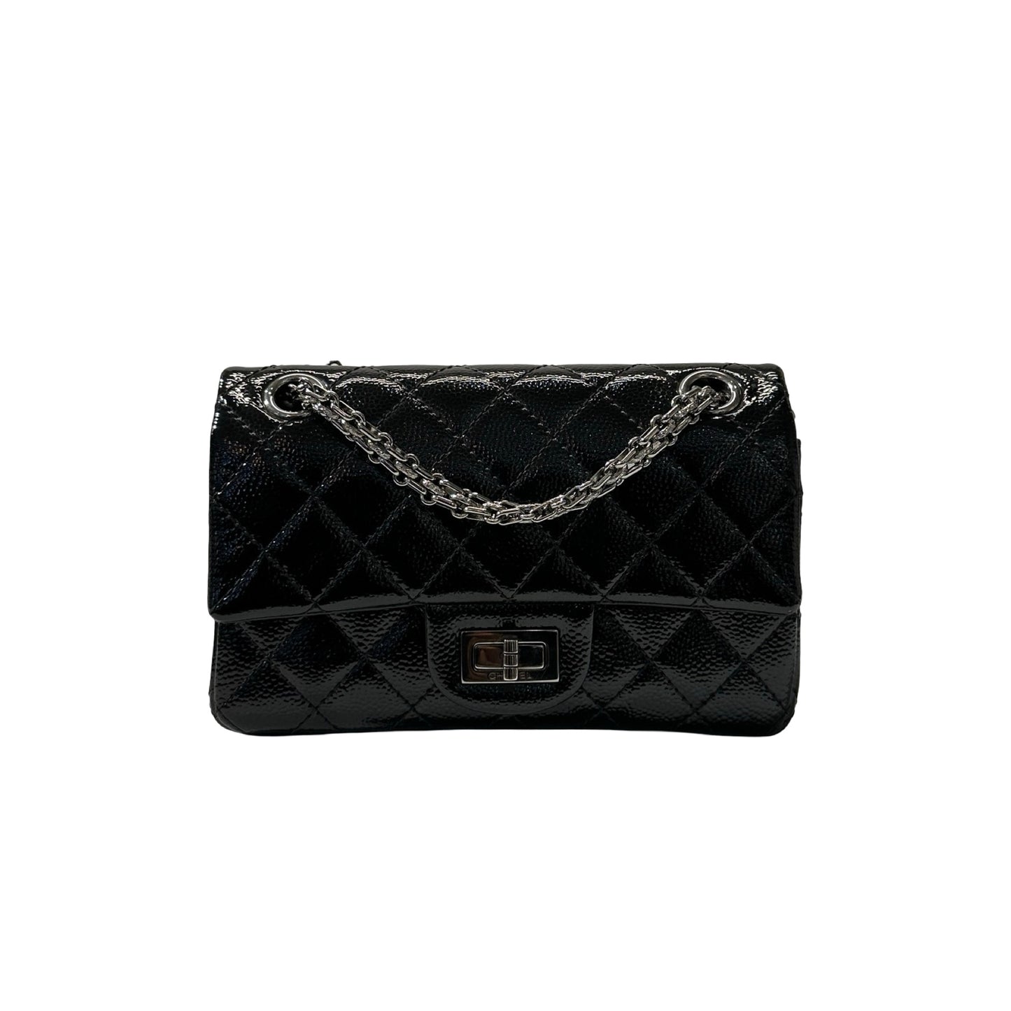 Used CHANEL Patent Leather 2.55 Mini 224 Double Flap Shoulder Bag Black PHW