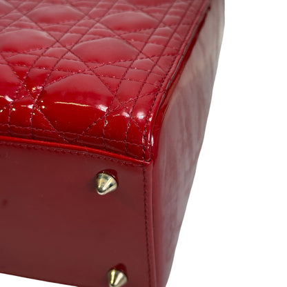 Used DIOR Cannage Patent Leather Lady Dior Handbag Red