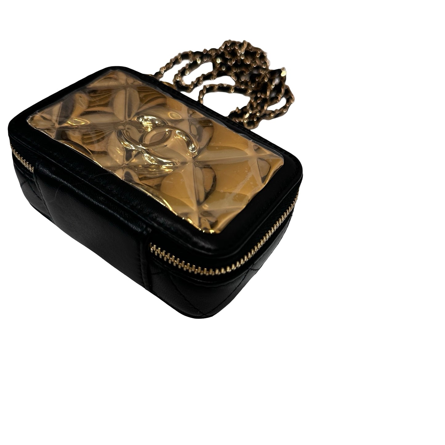 New CHANEL Lambskin Leather Vanity Case Shoulder Bag Gold Black GHW
